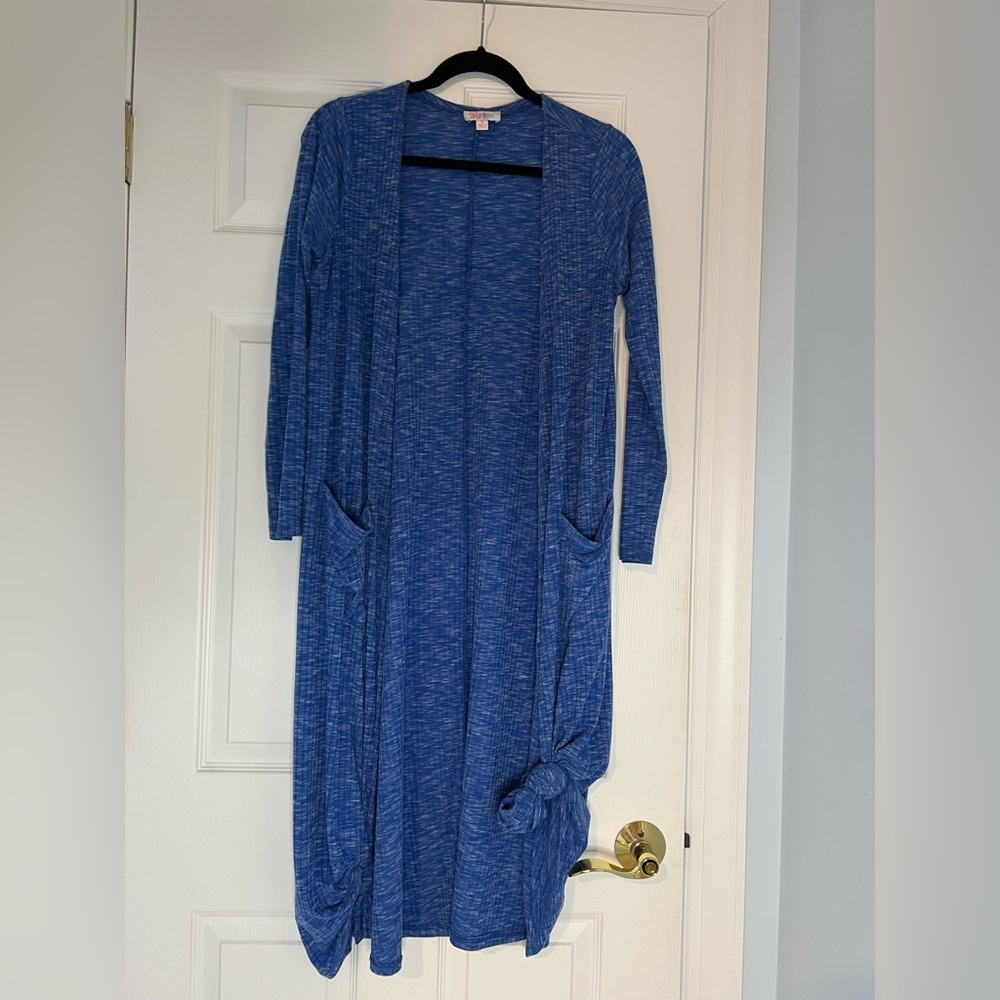 Lularoe Sarah cardigan calf length size small blue and white woven